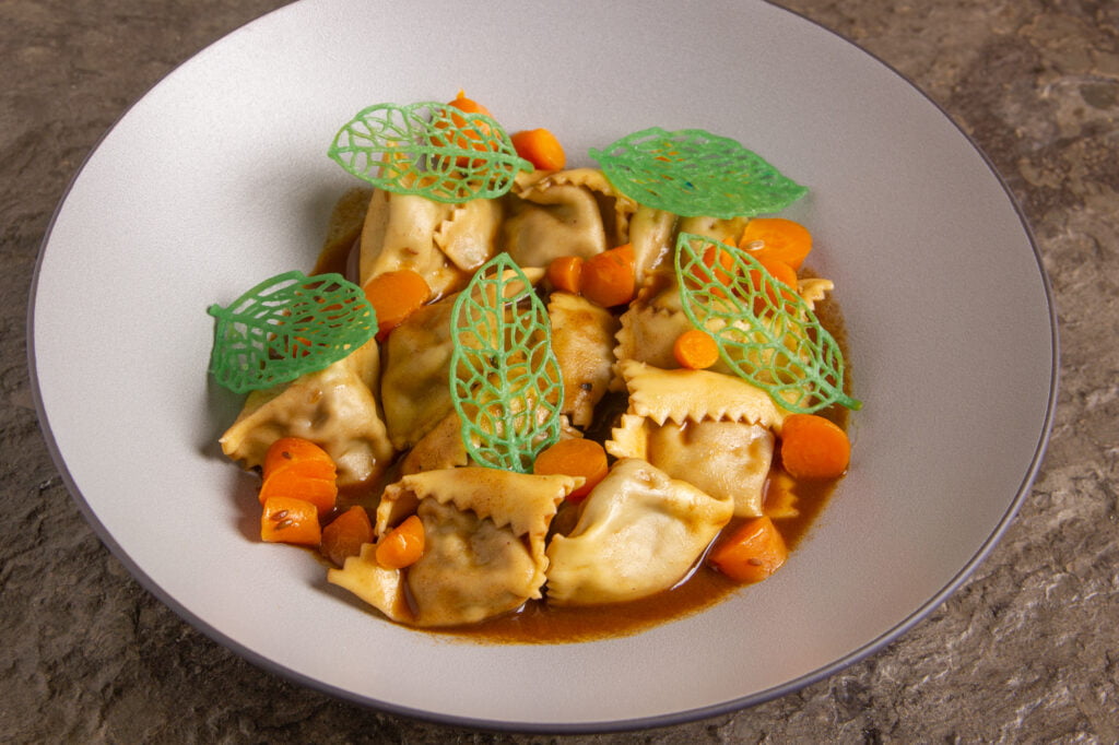 Braised Pork Cheek Agnolotti del Plin with Spiced Carrots Culaccino