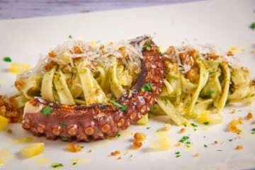 fresh pasta with pesto and grilled octopus